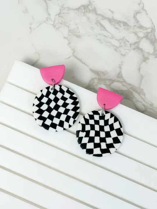 Black, White & Pink Geometric Clay Dangles - Checkered