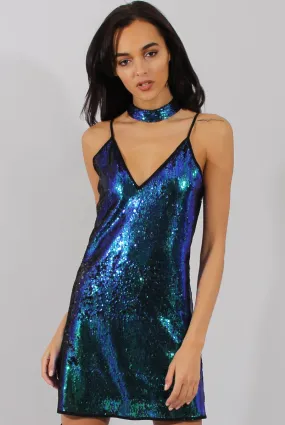 Blue Sequin Cami Choker Dress - Ariel