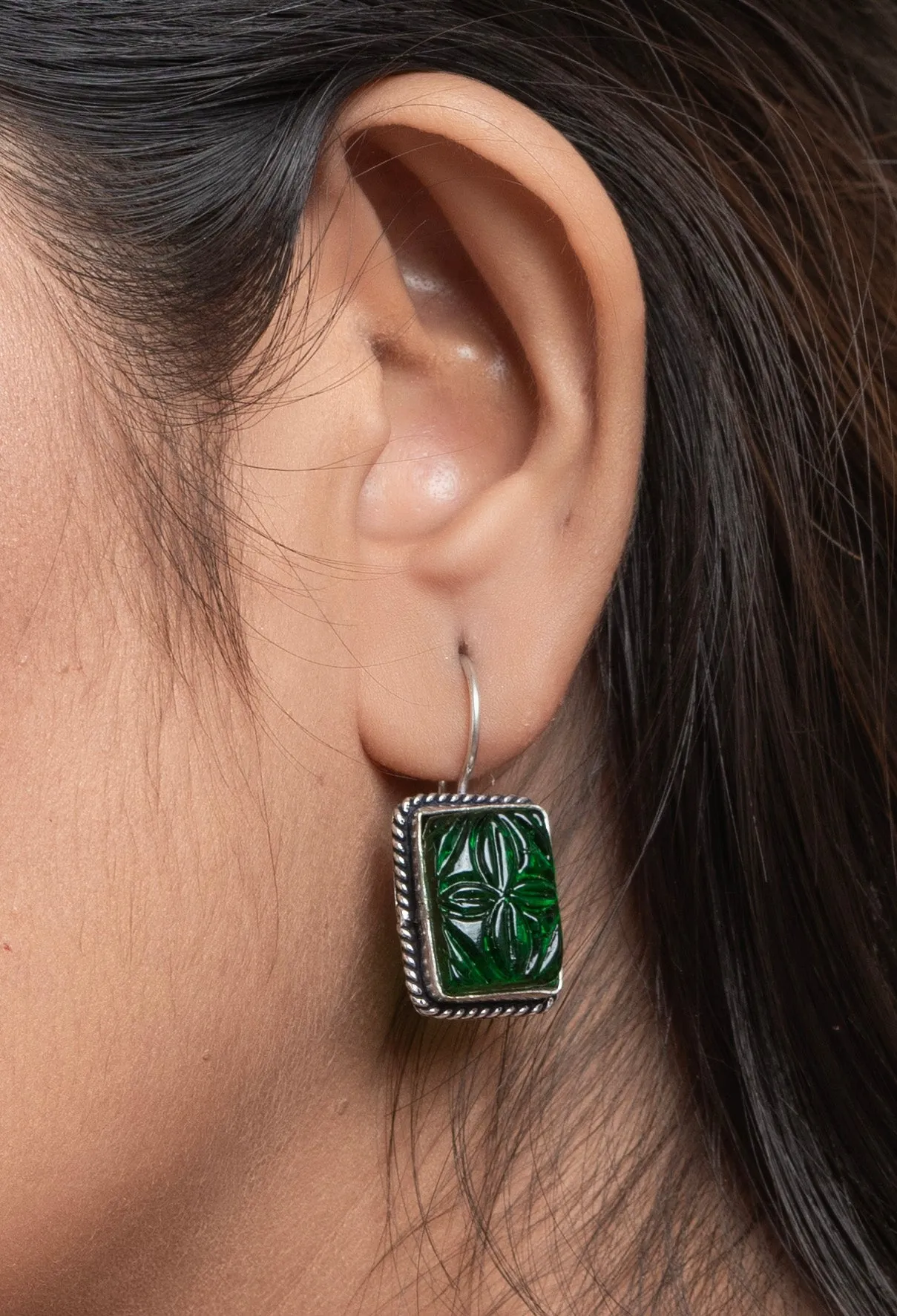 Bottle Green Carved Stone Earrings in Oxidised Silver, Non-Allergic & Ideal for Gifting