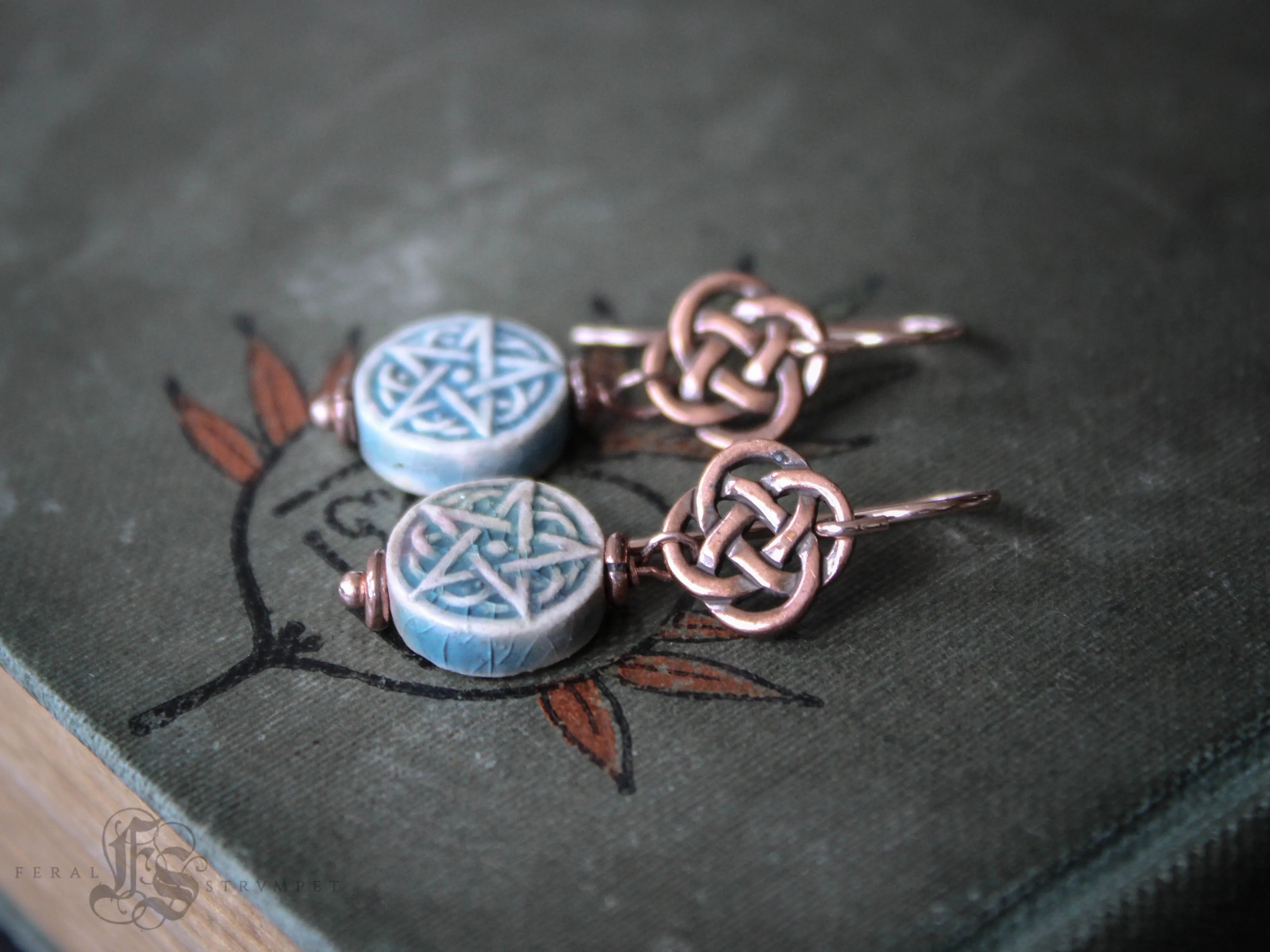 Brigid's Drops Raku Pentagram Earrings