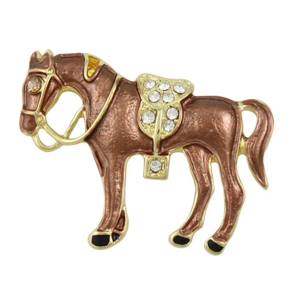 Brown Enamel Horse with Crystal Saddle Brooch Pin - PRA418D