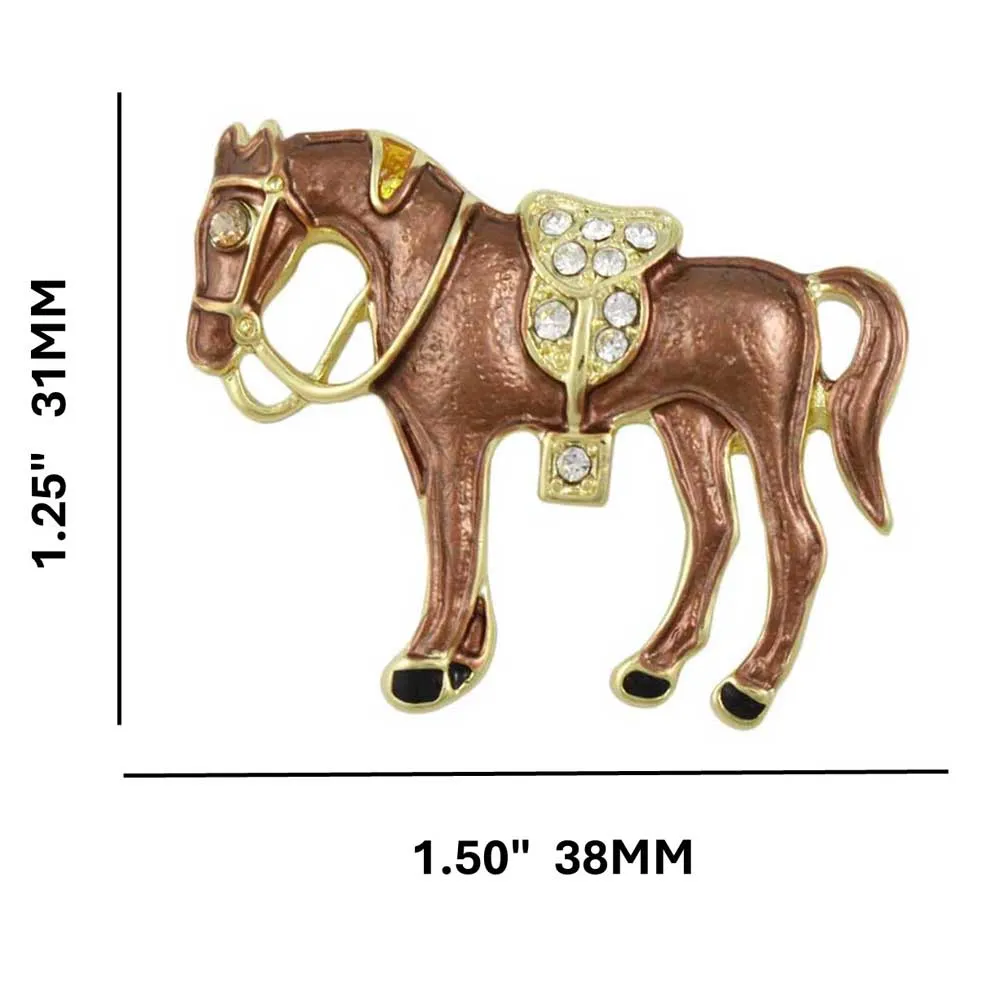 Brown Enamel Horse with Crystal Saddle Brooch Pin - PRA418D