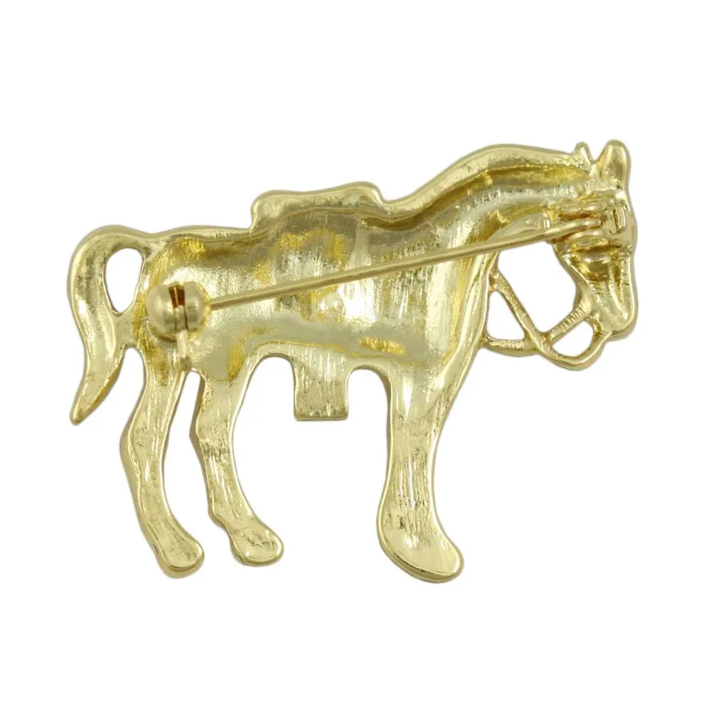 Brown Enamel Horse with Crystal Saddle Brooch Pin - PRA418D