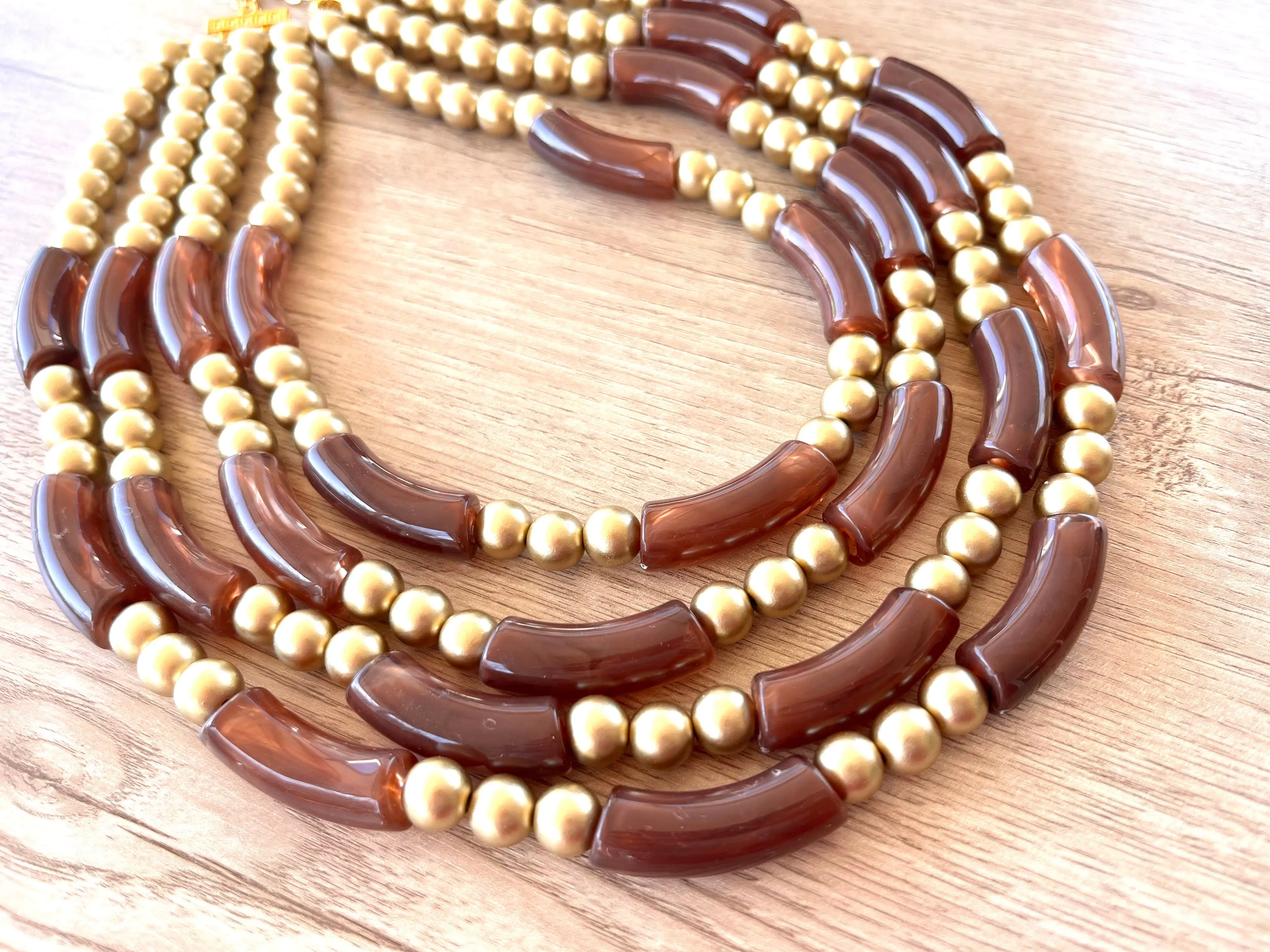 Brown Gold Acrylic Bead Multi Strand Statement Necklace - Tanya