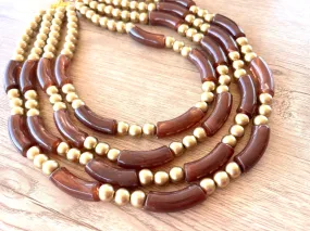 Brown Gold Acrylic Bead Multi Strand Statement Necklace - Tanya