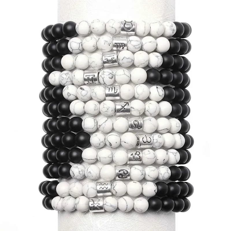 Buddha Stones 12 Constellations of the Zodiac Natural Frosted Stone White Turquoise Bead Fortune Bracelet