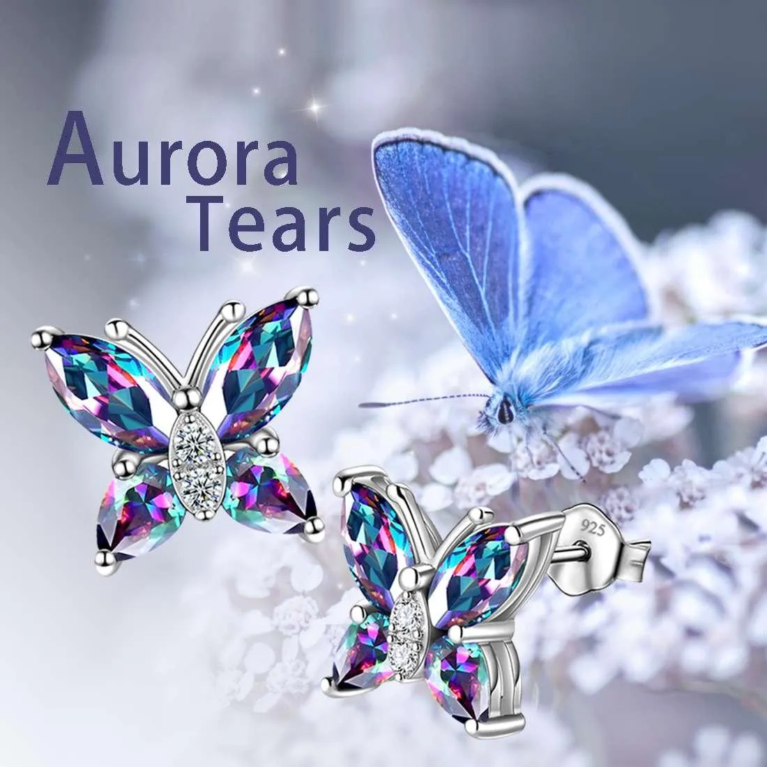 Butterfly Rainbow Mystic Topaz Stud Earrings Women Girls Jewelry Gift Sterling Silver