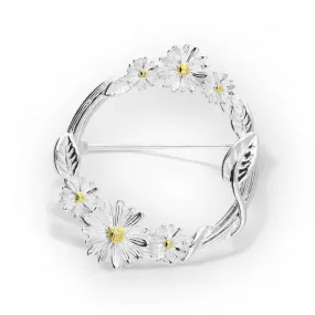 Daisy & Vine Leaves Two Tone Sterling Silver Flower Brooch