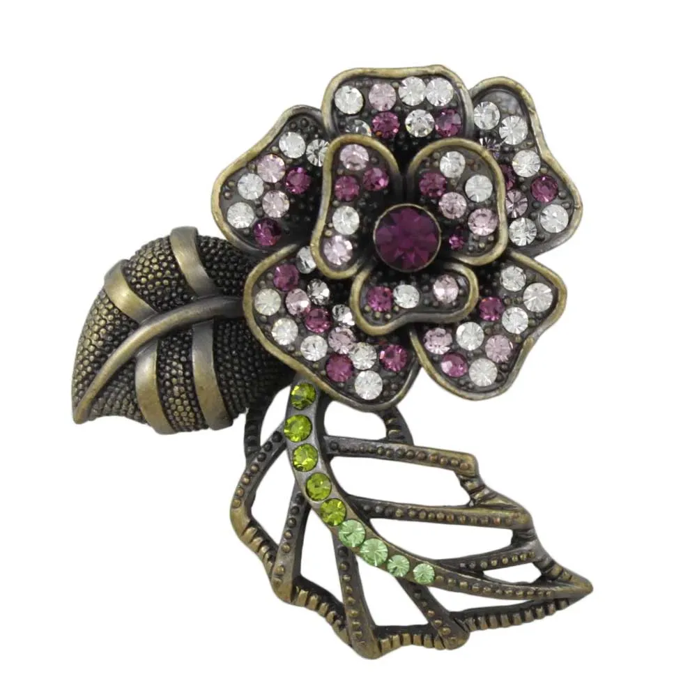 Dark Purple and Clear Crystals Flower Brooch Pin - PRL733A