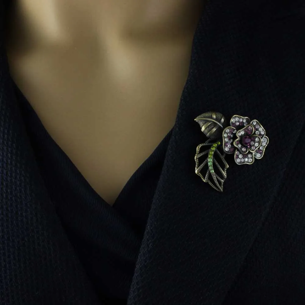 Dark Purple and Clear Crystals Flower Brooch Pin - PRL733A