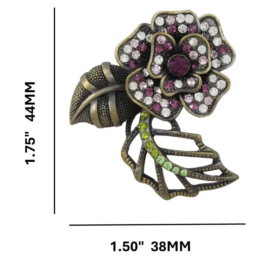 Dark Purple and Clear Crystals Flower Brooch Pin - PRL733A