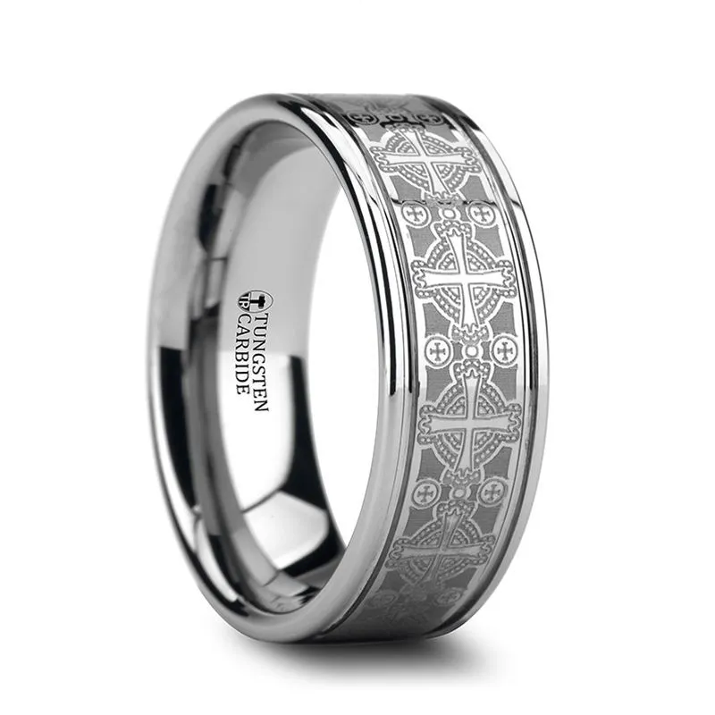 DEACON | Silver Tungsten Ring, Laser Engraved Celtic Crosses, Flat