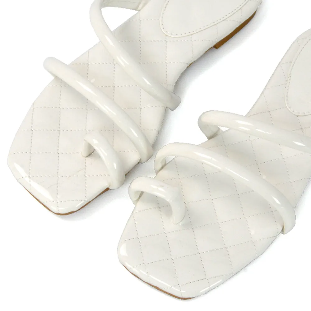 Dionne Quilted Insole Flat Square Toe Slip on Toe Ring Sandal Slides in White