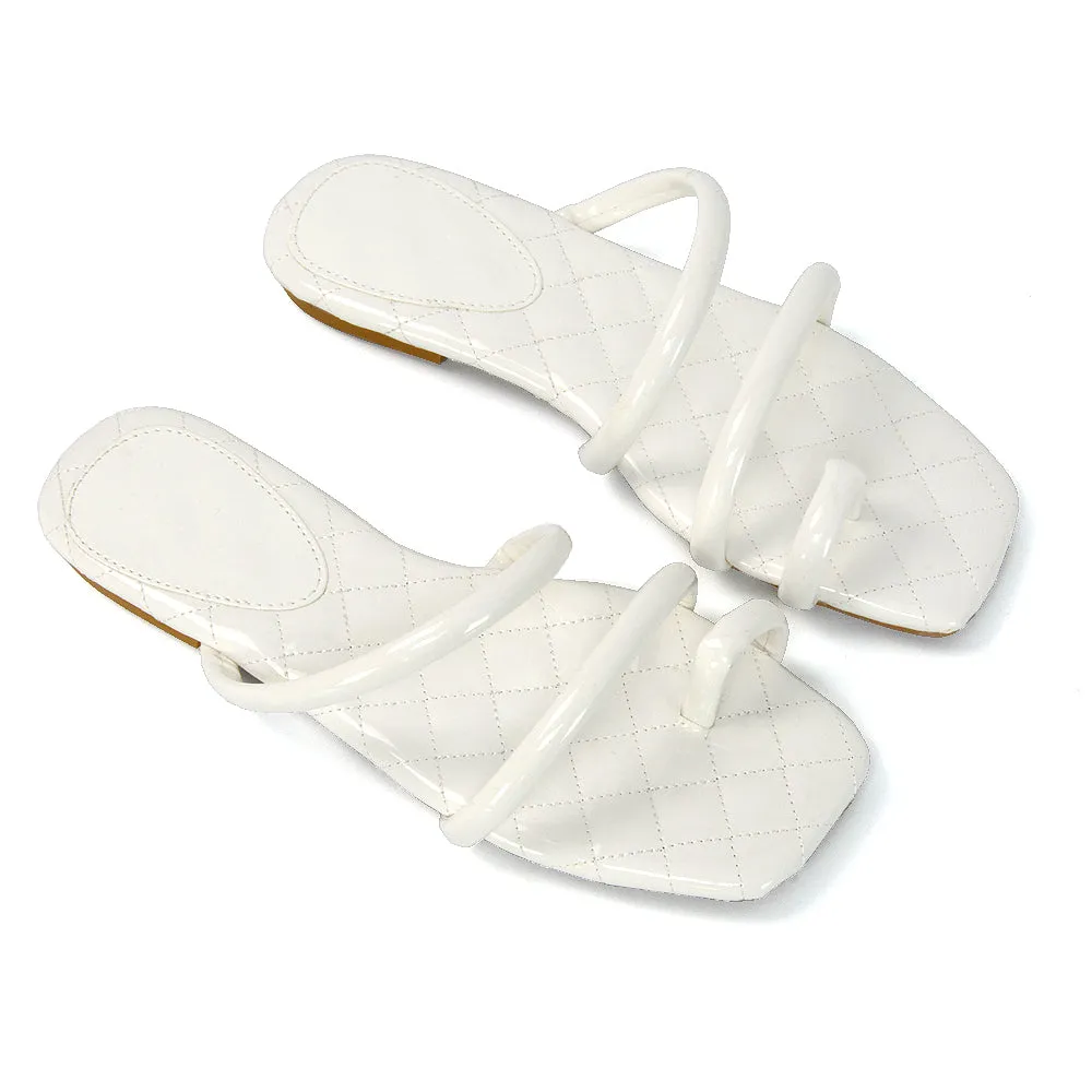 Dionne Quilted Insole Flat Square Toe Slip on Toe Ring Sandal Slides in White