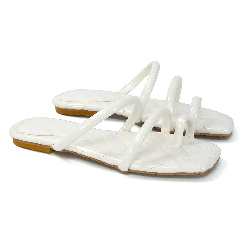 Dionne Quilted Insole Flat Square Toe Slip on Toe Ring Sandal Slides in White