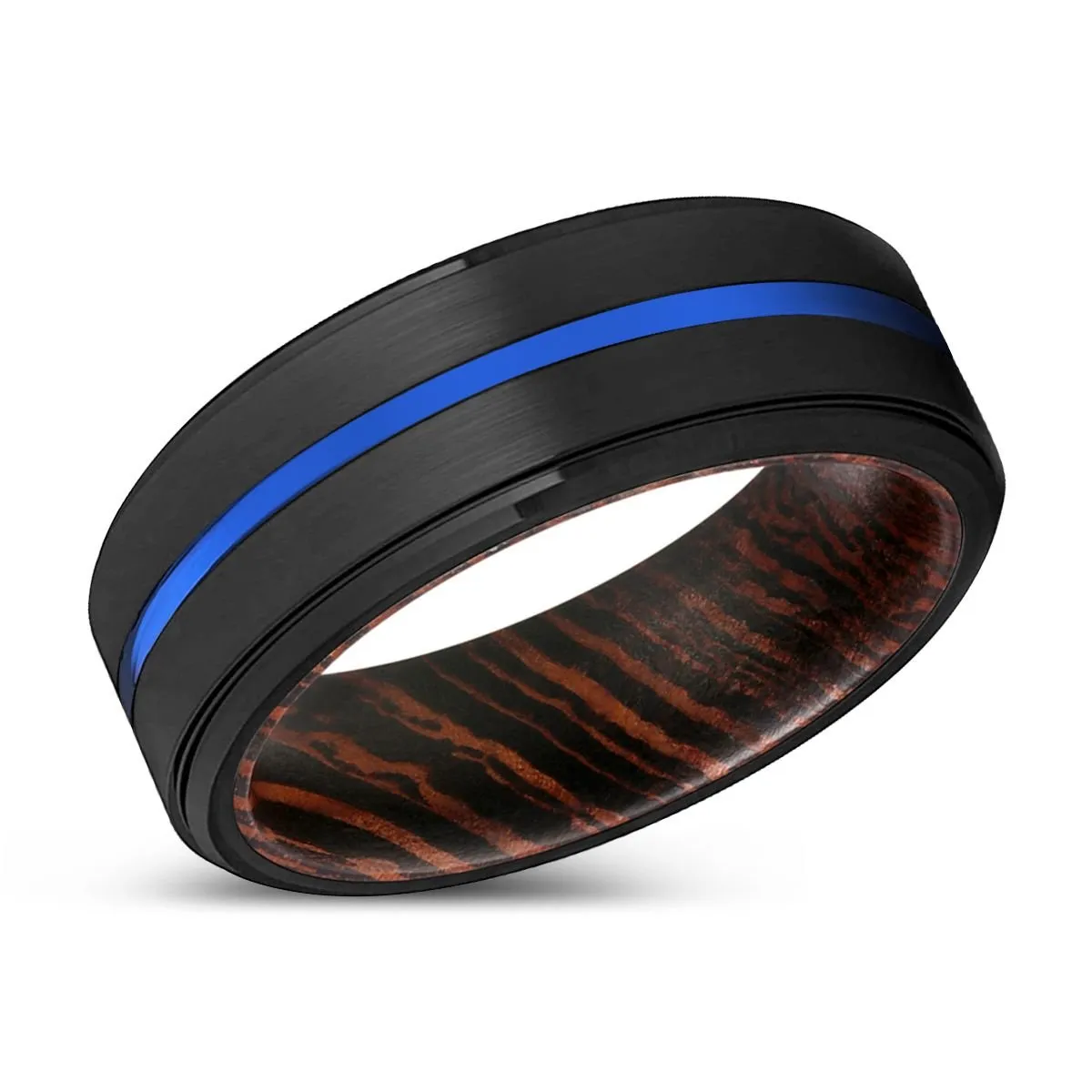 EQUINOX | Wenge Wood, Black Tungsten Ring, Blue Groove, Stepped Edge