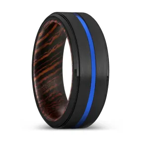 EQUINOX | Wenge Wood, Black Tungsten Ring, Blue Groove, Stepped Edge