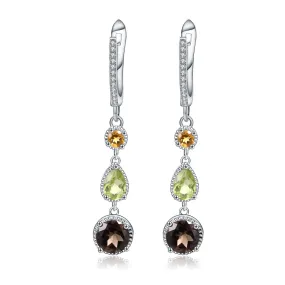 Fashion Light Luxury Design Inlaid Natural Gemstones Long Style Beading Sterling Silver Drop Earrings for Women