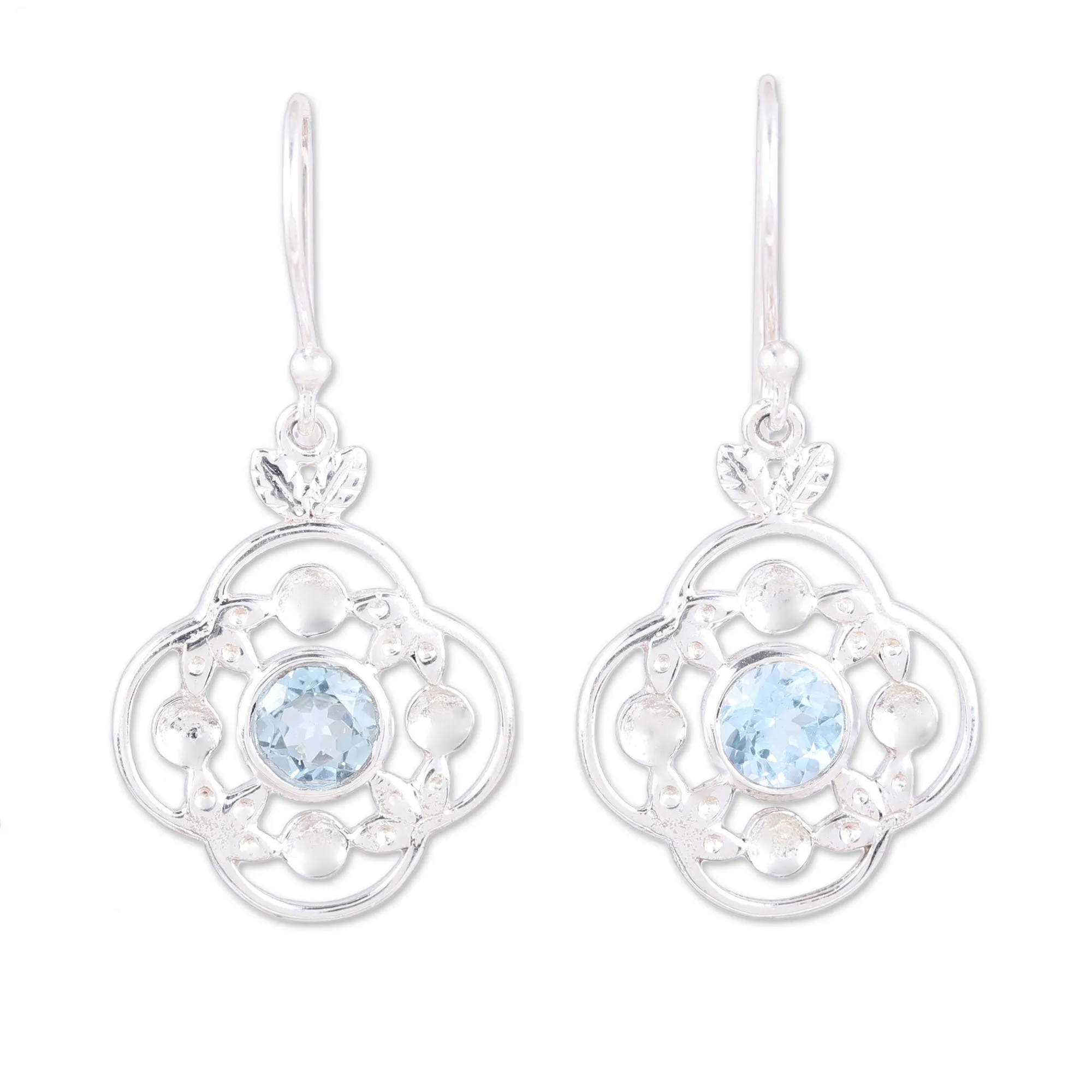 Flower Circle Blue Topaz Sterling Silver Rounded Flower Dangle Earrings