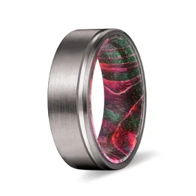 GERO Men's Grooved Tungsten Ring w/ Red & Green Box Elder Wood Sleeve 8mm