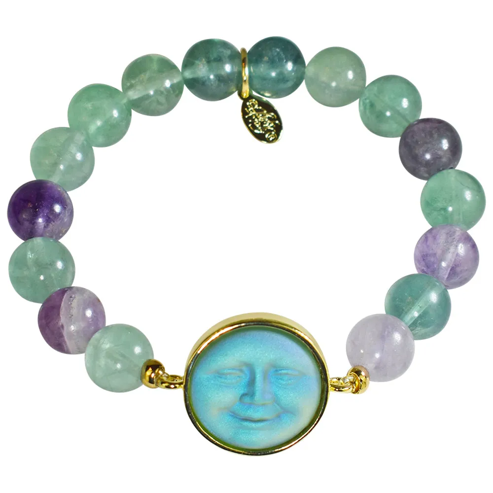 Glass Seaview Moon Fluorite 10mm Stretch Bracelet (Goldtone/Erinite AB)