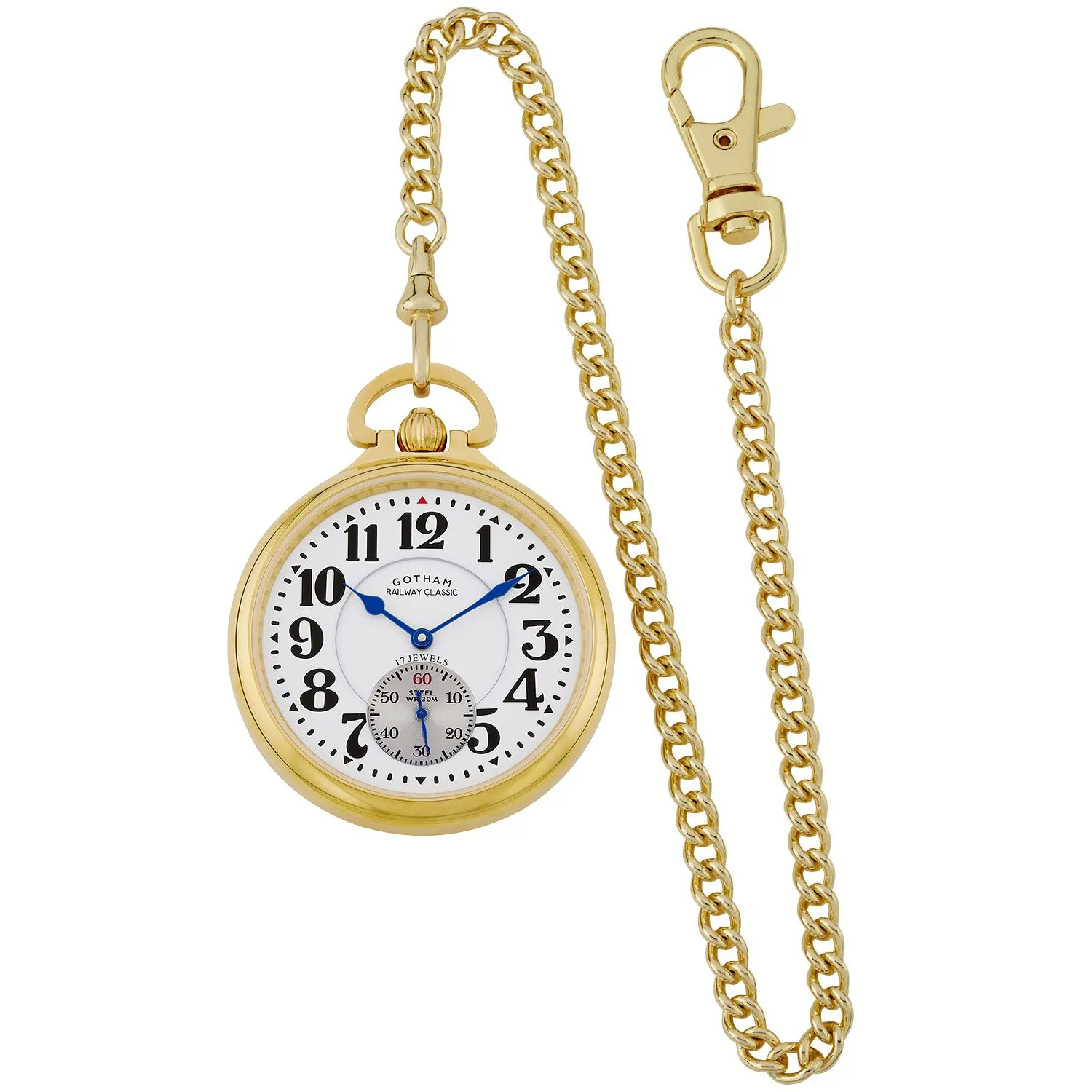 Gotham Men's Gold Plated Stainless Steel Mechanical Hand Wind Railway Classic Nostalgia Series Pocket Watch # GWC14123G