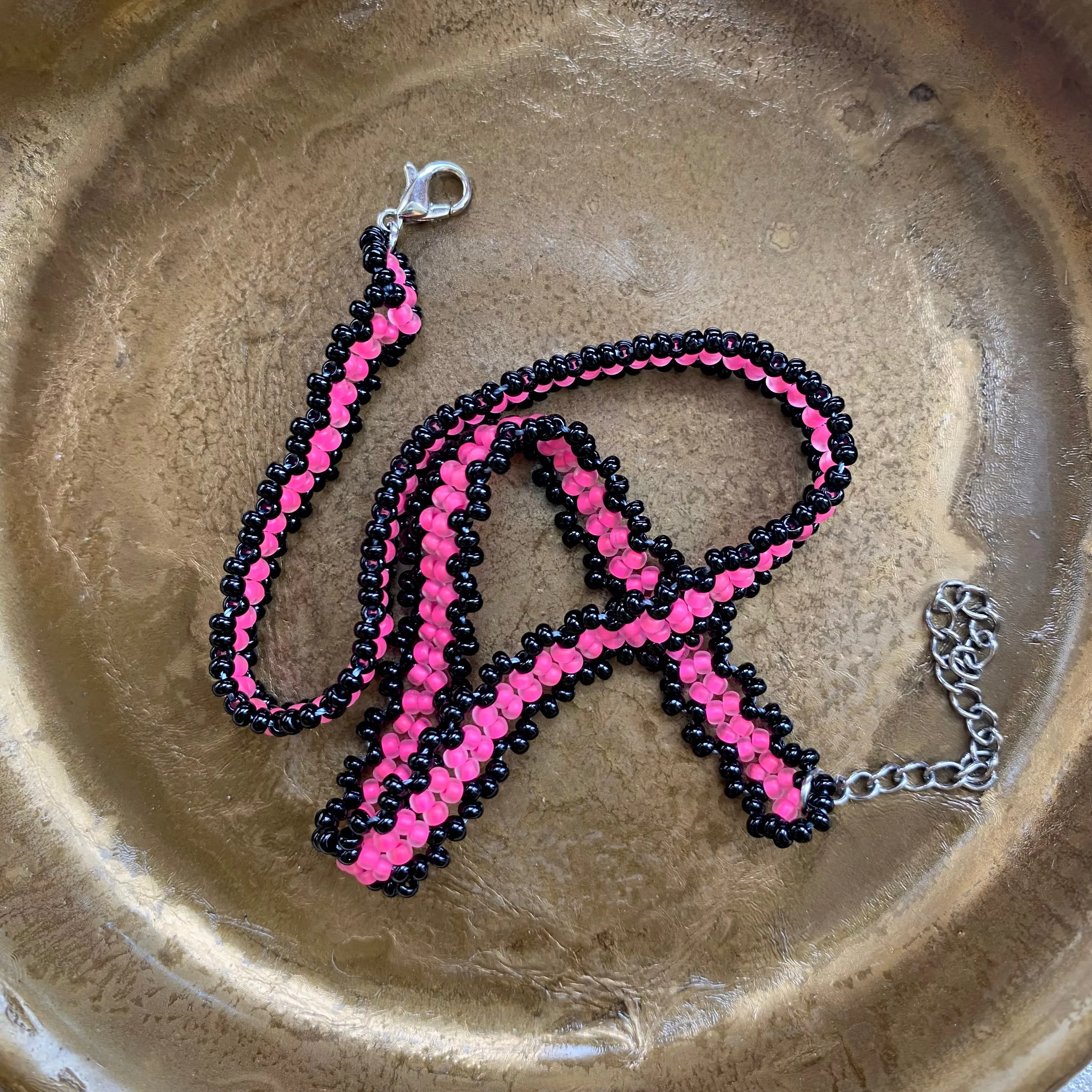 Handmade Purple Black Seed Bead Choker Necklace, Boho Hippie Choker, Bright Pink choker