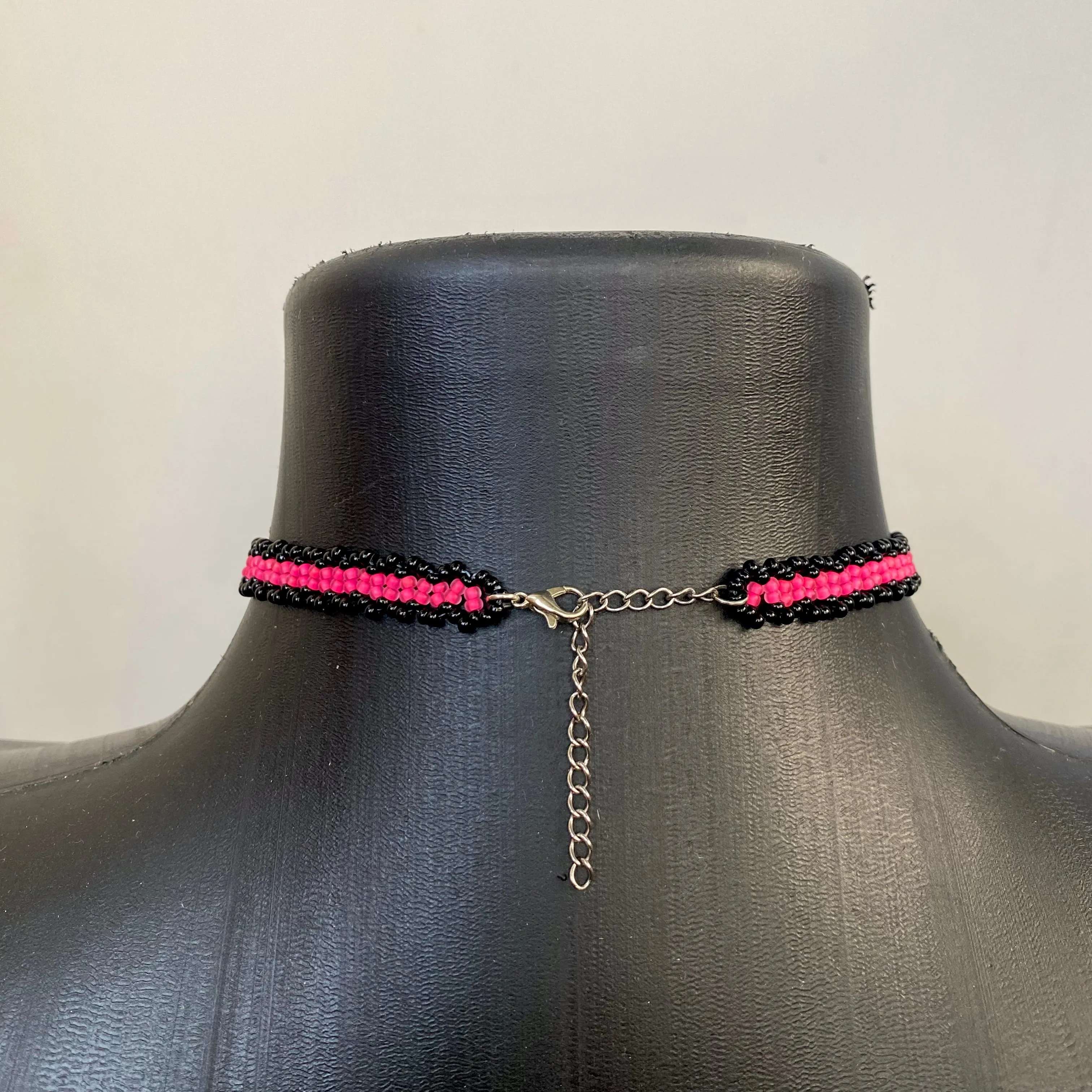 Handmade Purple Black Seed Bead Choker Necklace, Boho Hippie Choker, Bright Pink choker