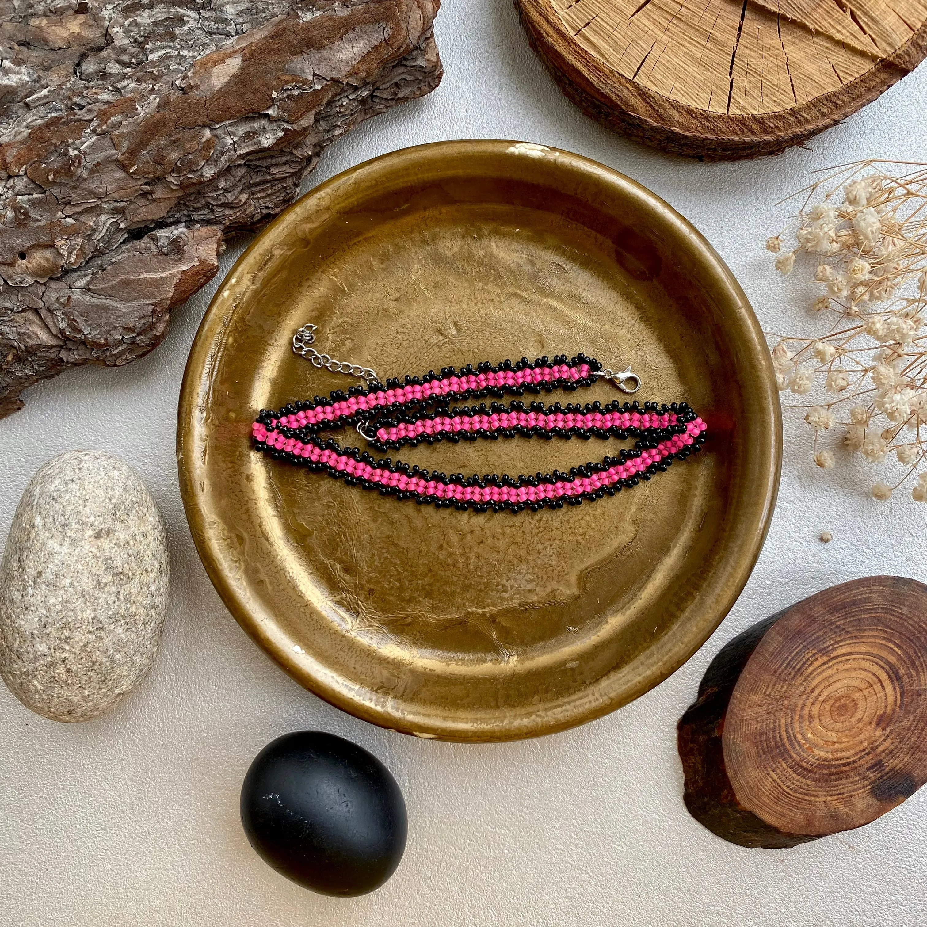 Handmade Purple Black Seed Bead Choker Necklace, Boho Hippie Choker, Bright Pink choker