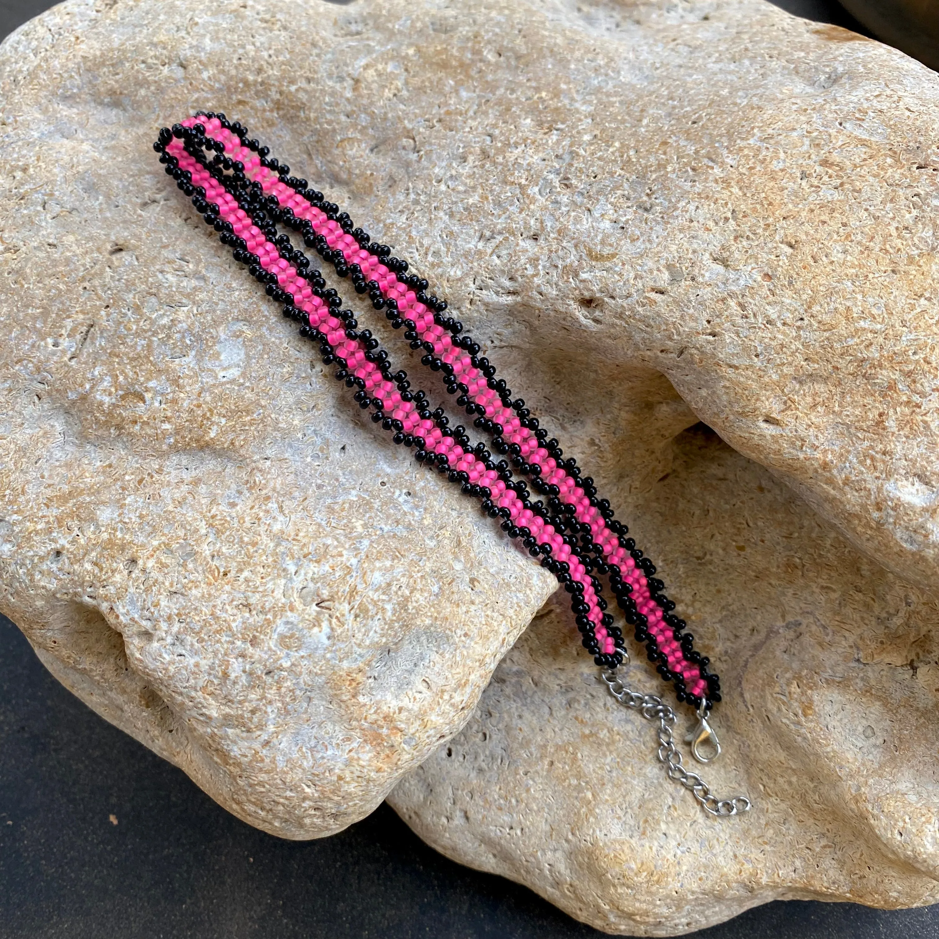 Handmade Purple Black Seed Bead Choker Necklace, Boho Hippie Choker, Bright Pink choker