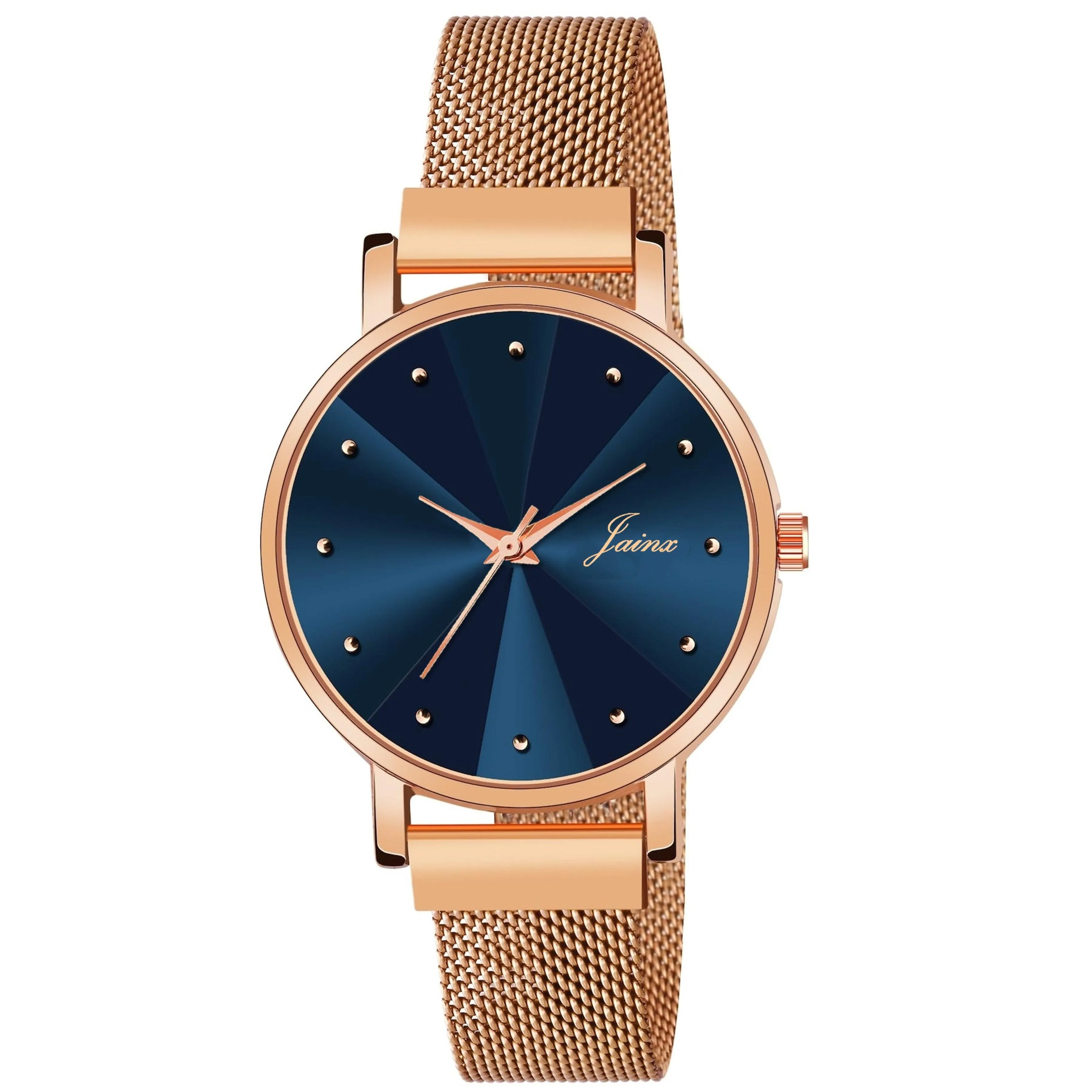 Jainx Blue Dial Rose Gold Color Mesh Chain Analog Wrist Watch for Women - JW8549