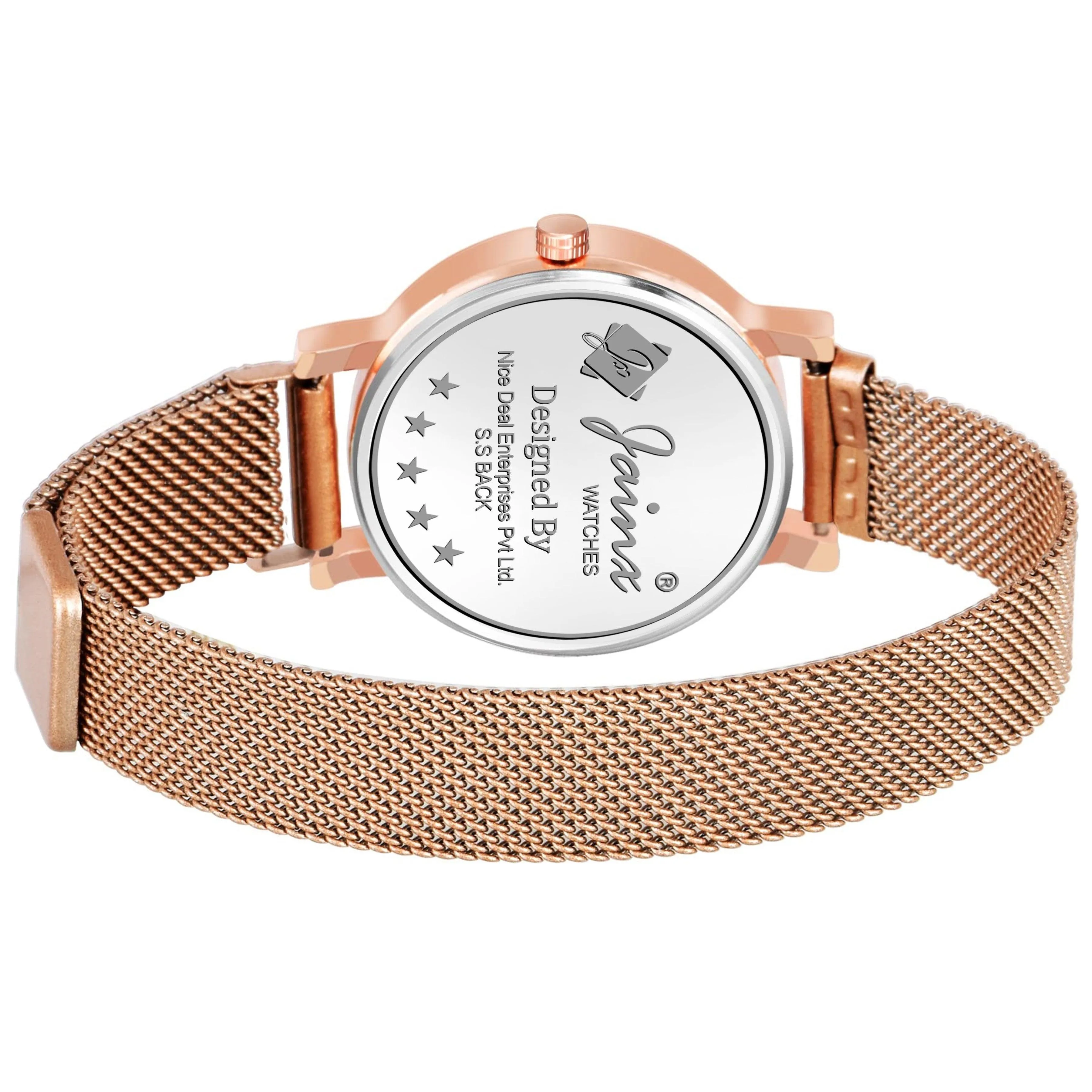 Jainx Blue Dial Rose Gold Color Mesh Chain Analog Wrist Watch for Women - JW8549