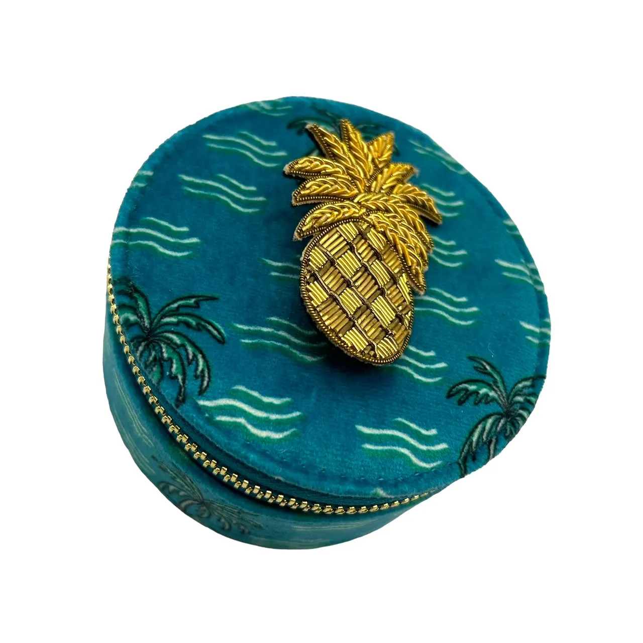 Jewellery travel pot in teal palm print with a pineapple brooch