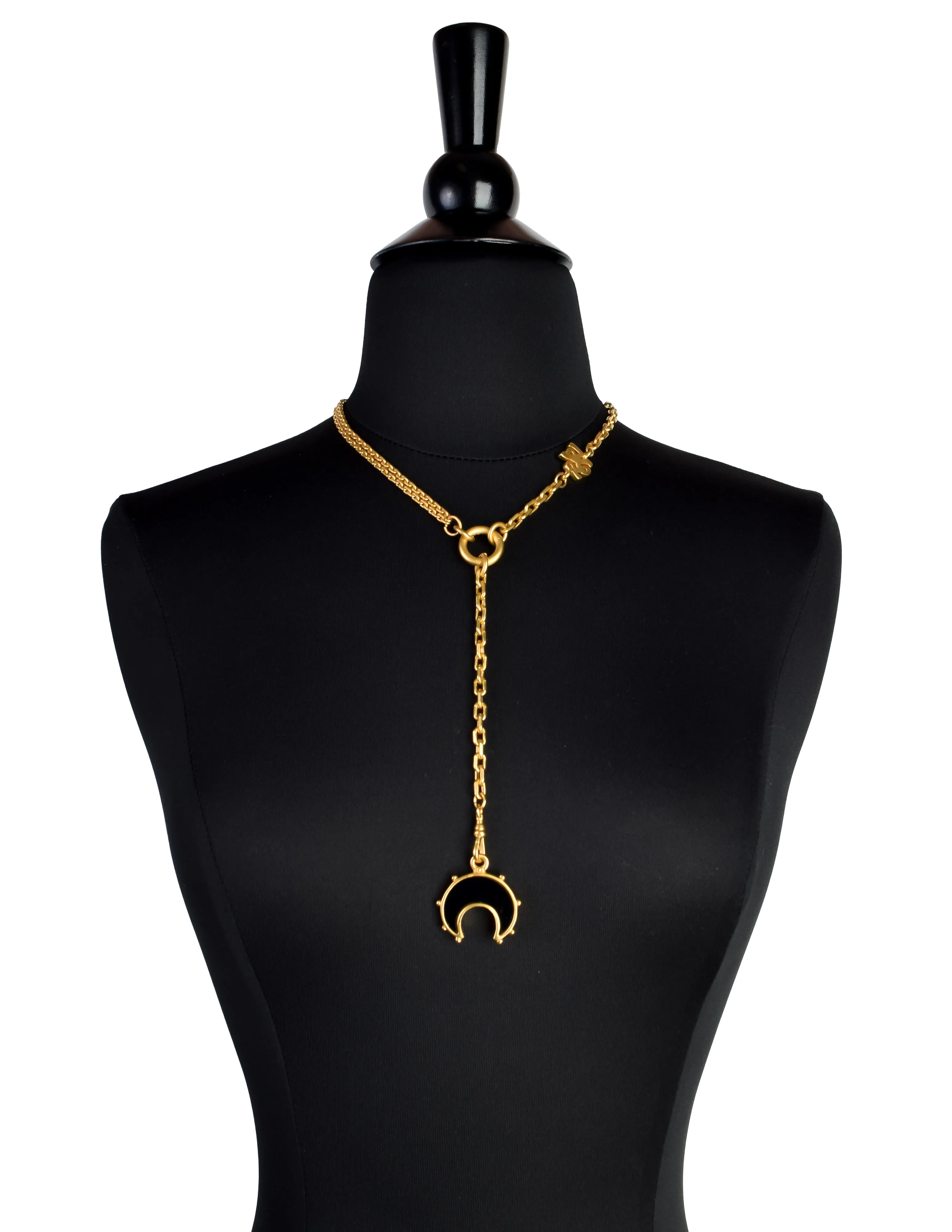 Karl Lagerfeld Vintage Brushed Gold Black Glass Moon Lariat Necklace