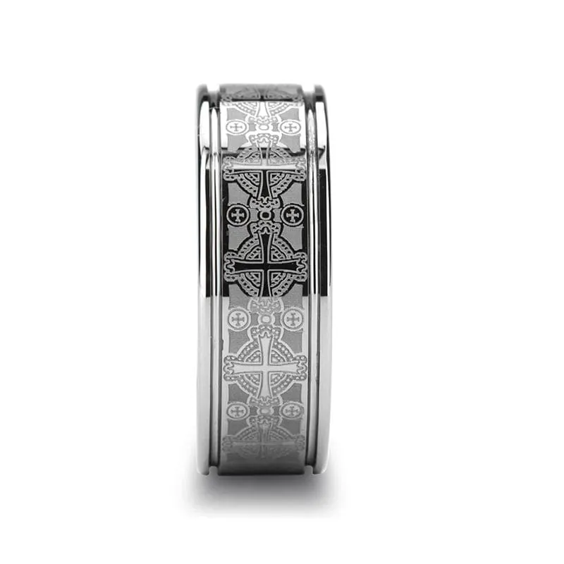 KARLO Pipe Cut Men's Tungsten Carbide Ring Laser Engraved Celtic Crosses - 8mm