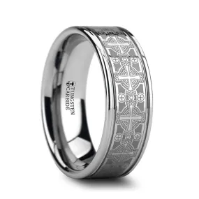 KARLO Pipe Cut Men's Tungsten Carbide Ring Laser Engraved Celtic Crosses - 8mm