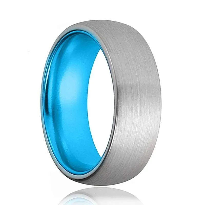 Lennox Brushed Domed Men's Tungsten Carbide Ring Sky Blue Inside - 8mm