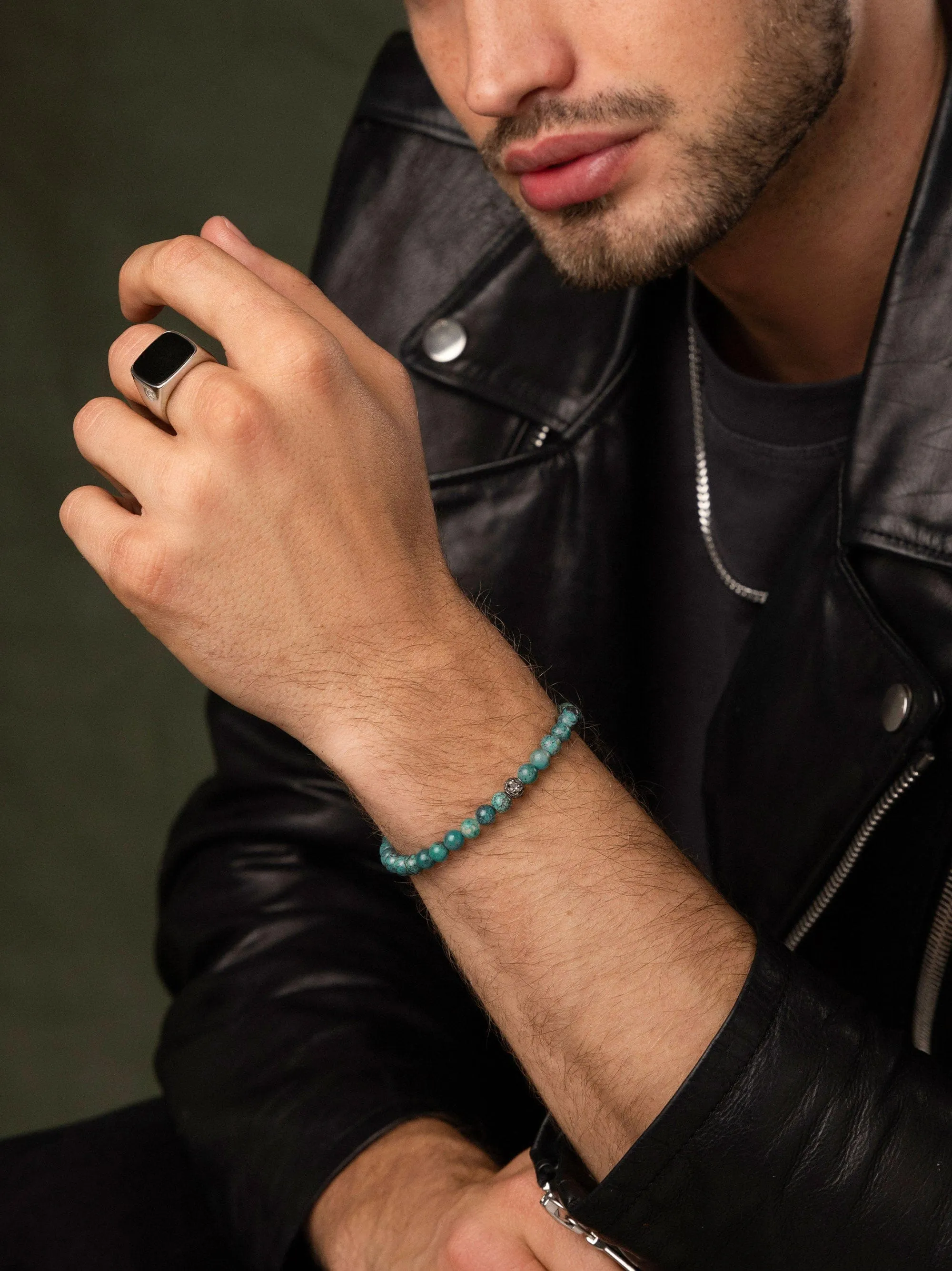 Men's Black Diamond Beaded Bracelet with Turquoise