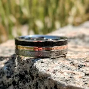 Men's Custom Cobalt Meteorite Wedding Band - 7mm Flat Profile Ring with Dinosaur Bone, Rose Gold, and Comfort Fit