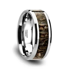 Men's Tungsten Wedding Band With Dinosaur Bone Inlay Beveled Polished Finish 8mm