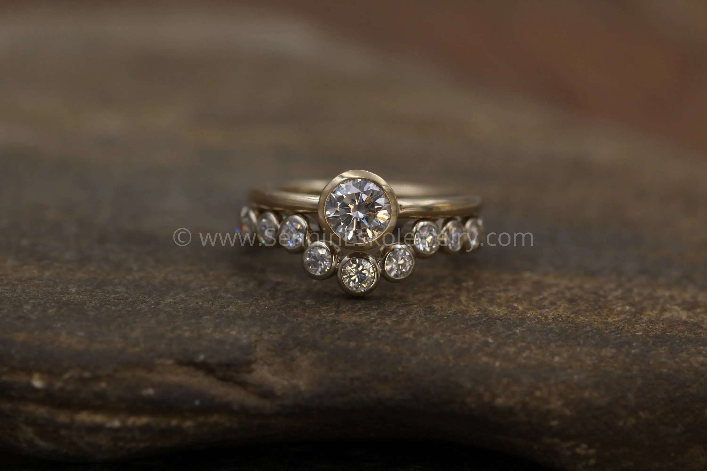 Mossanite Bezel Ring Set - 5mm Forever One Yellow Gold Ring With A White Gold Contour Bezel Ring