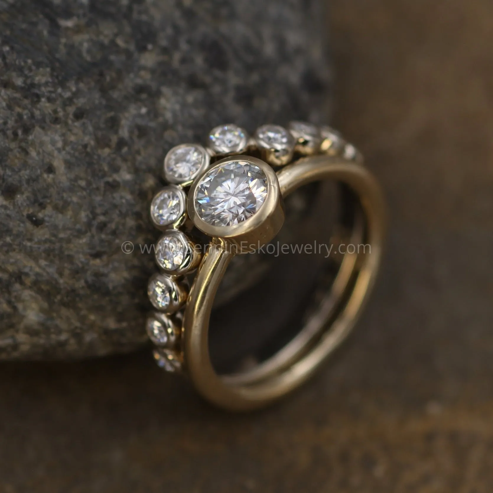 Mossanite Bezel Ring Set - 5mm Forever One Yellow Gold Ring With A White Gold Contour Bezel Ring