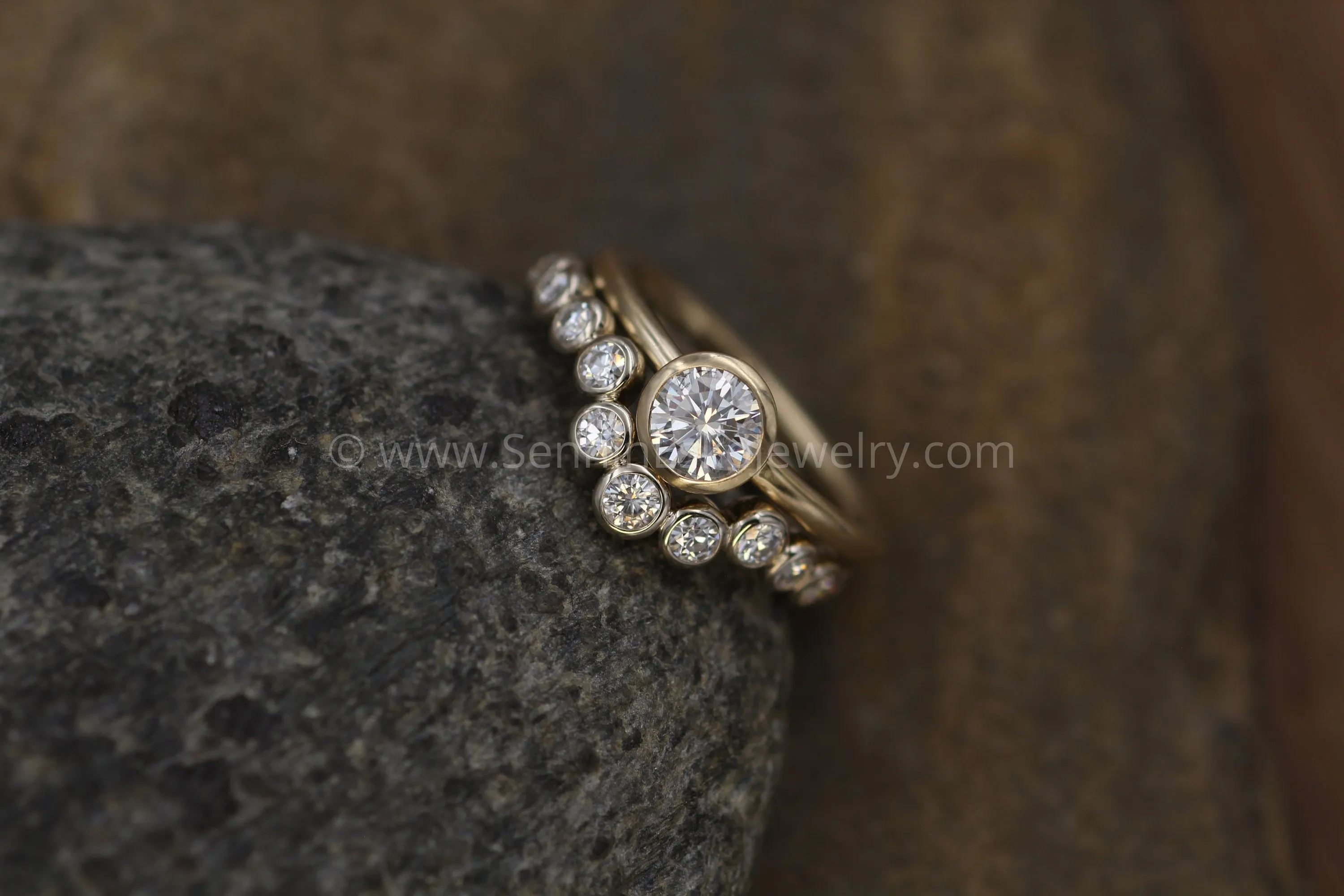 Mossanite Bezel Ring Set - 5mm Forever One Yellow Gold Ring With A White Gold Contour Bezel Ring