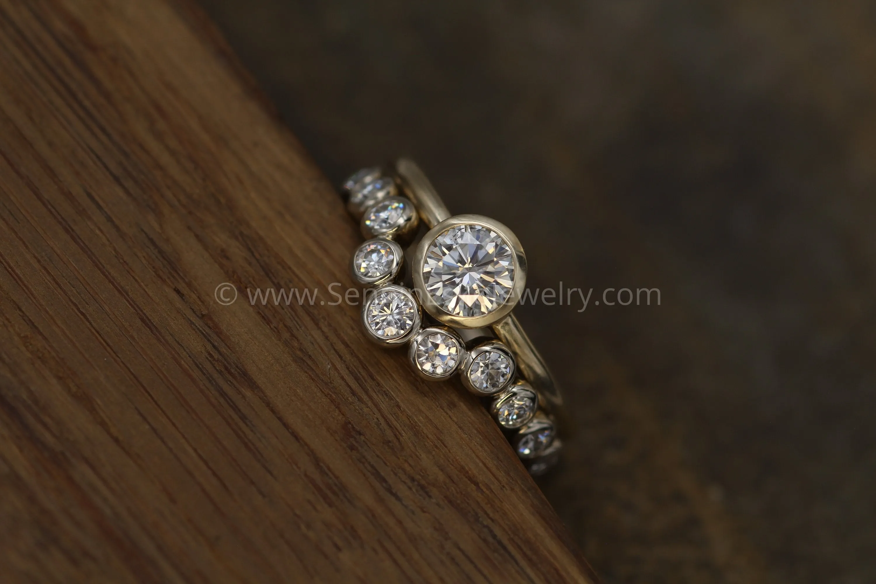 Mossanite Bezel Ring Set - 5mm Forever One Yellow Gold Ring With A White Gold Contour Bezel Ring