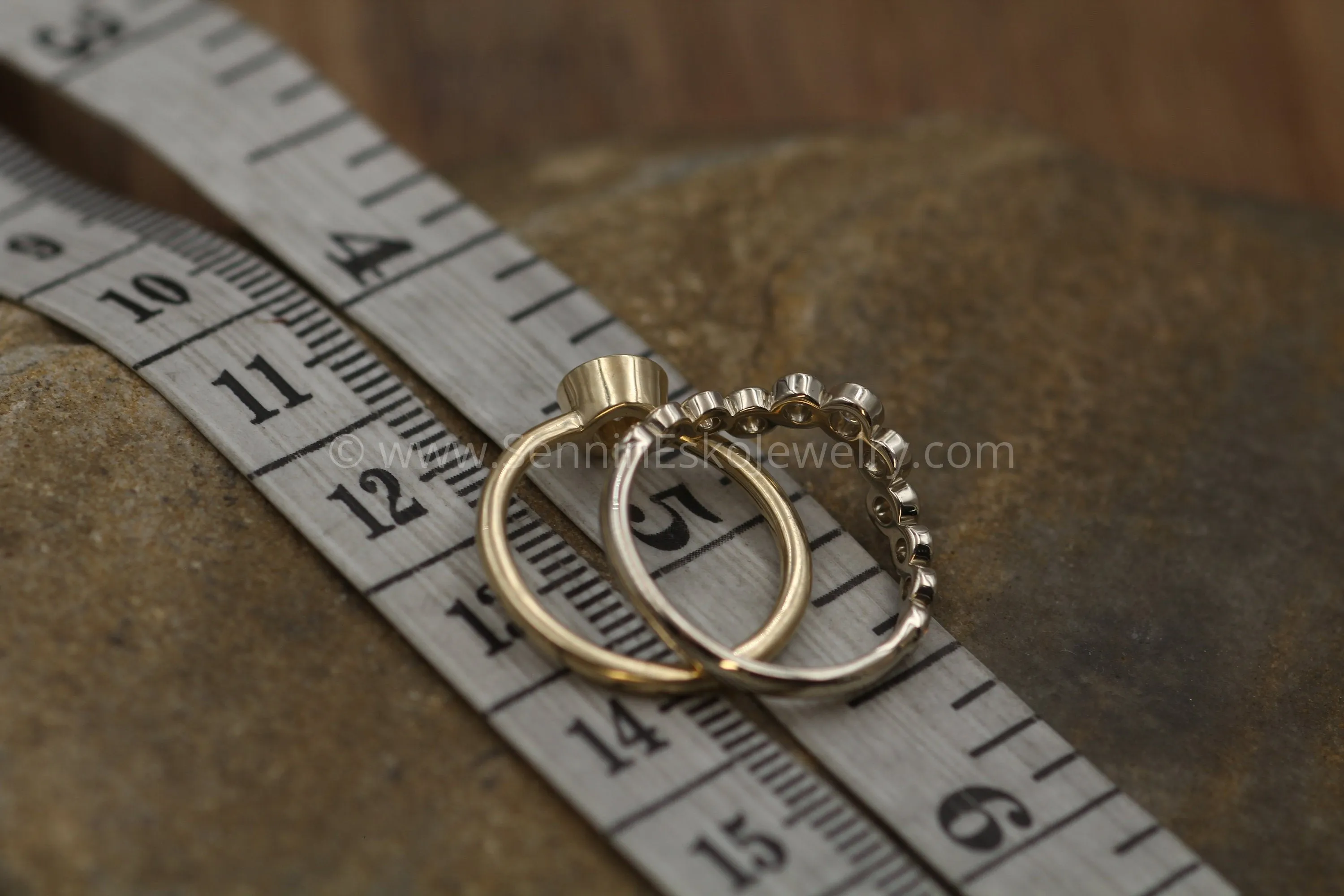 Mossanite Bezel Ring Set - 5mm Forever One Yellow Gold Ring With A White Gold Contour Bezel Ring