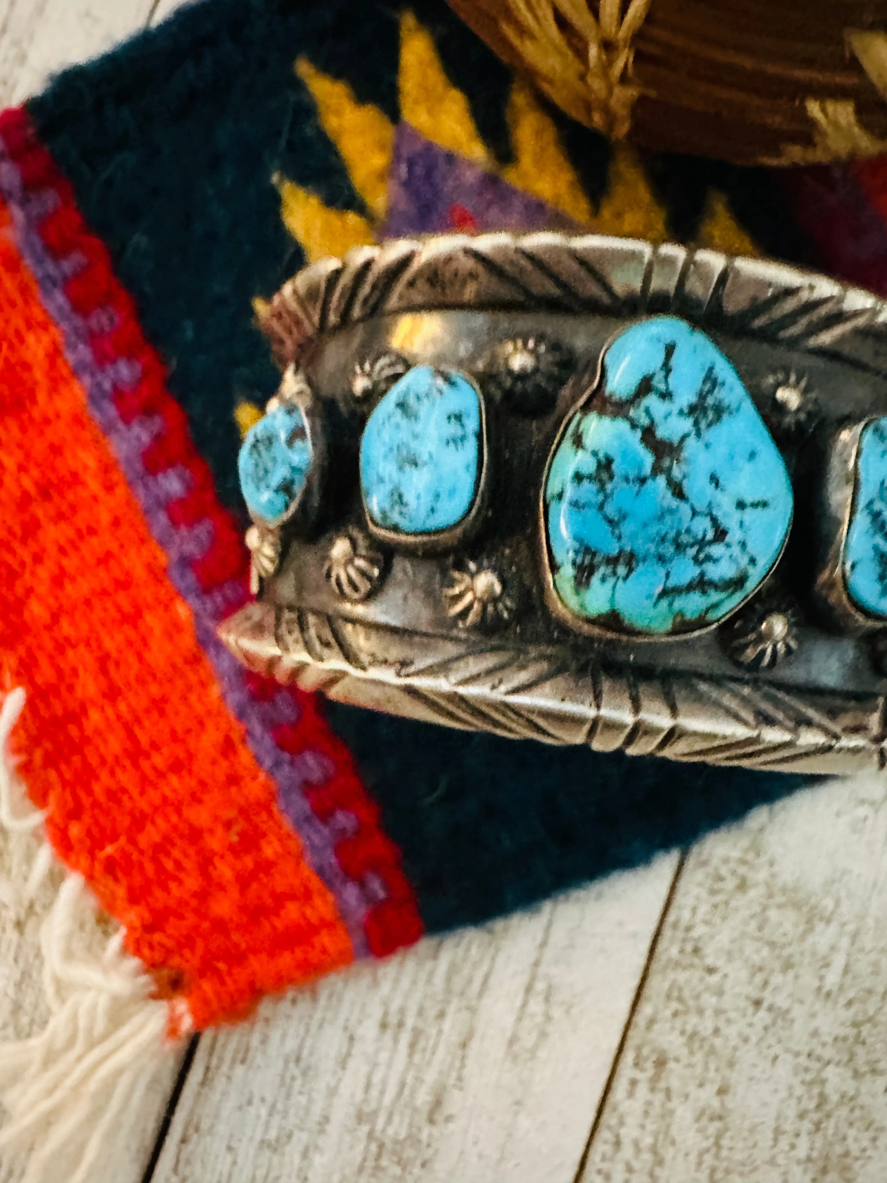 Old Pawn Navajo Sterling Silver & Kingman Turquoise Cuff Bracelet