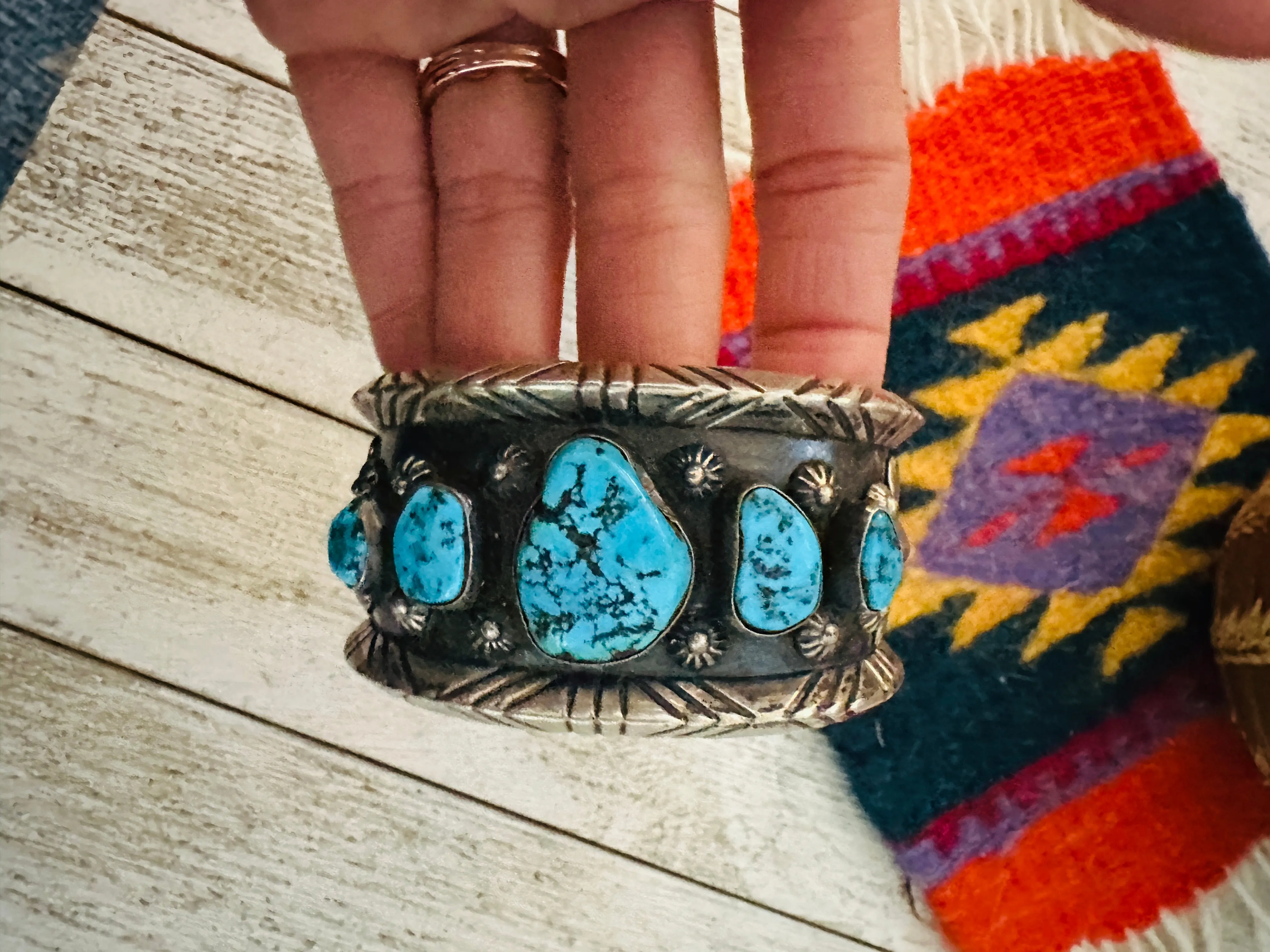 Old Pawn Navajo Sterling Silver & Kingman Turquoise Cuff Bracelet