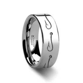 OTTAWA Artistic Fishing Hook Pattern Ring Engraved Flat Tungsten Ring 4mm - 12mm