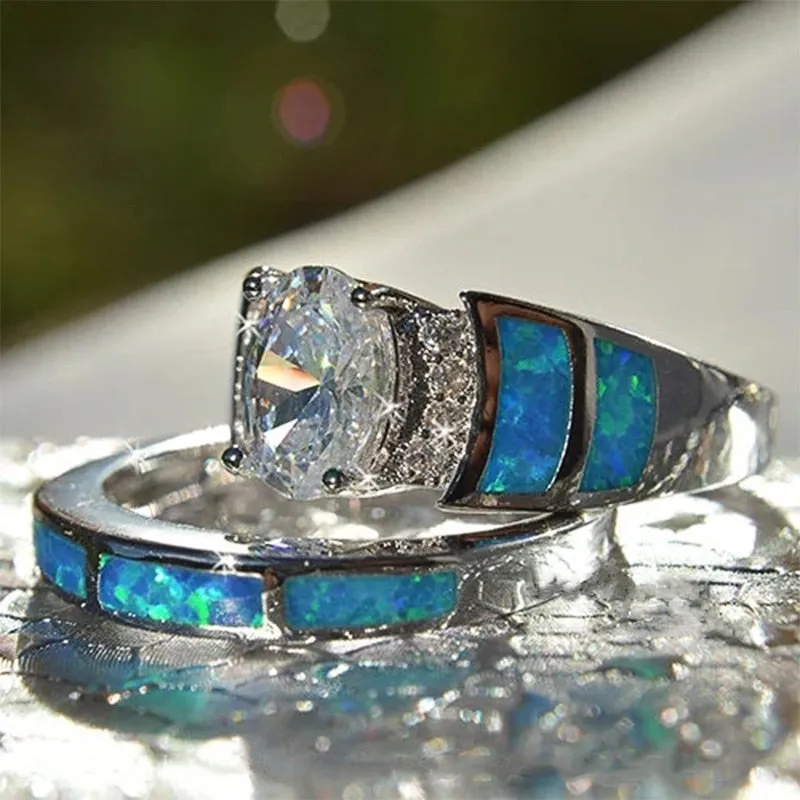 Oval CZ Ring Sets for Women Blue Imitation Opal Wedding Cocktail Party Finger Ring