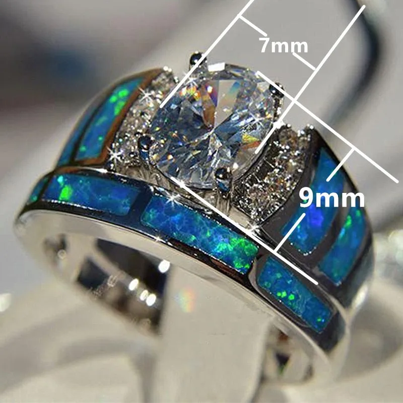 Oval CZ Ring Sets for Women Blue Imitation Opal Wedding Cocktail Party Finger Ring